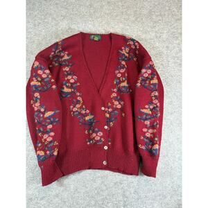 VTG Charter Club Petites Wool Floral Cardigan Womens Large Red Cottagecore 90s